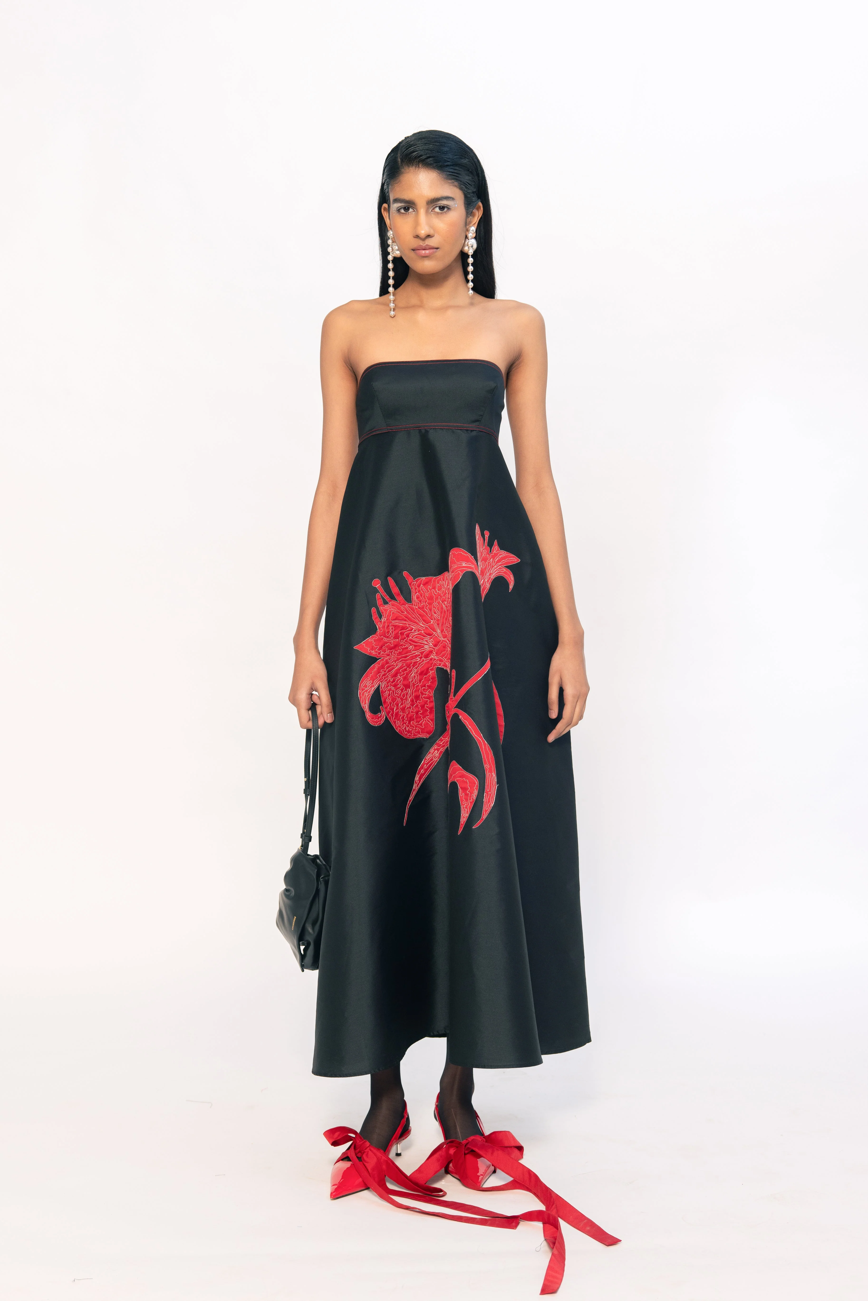 Honey Comb Embroidered Dress - Red