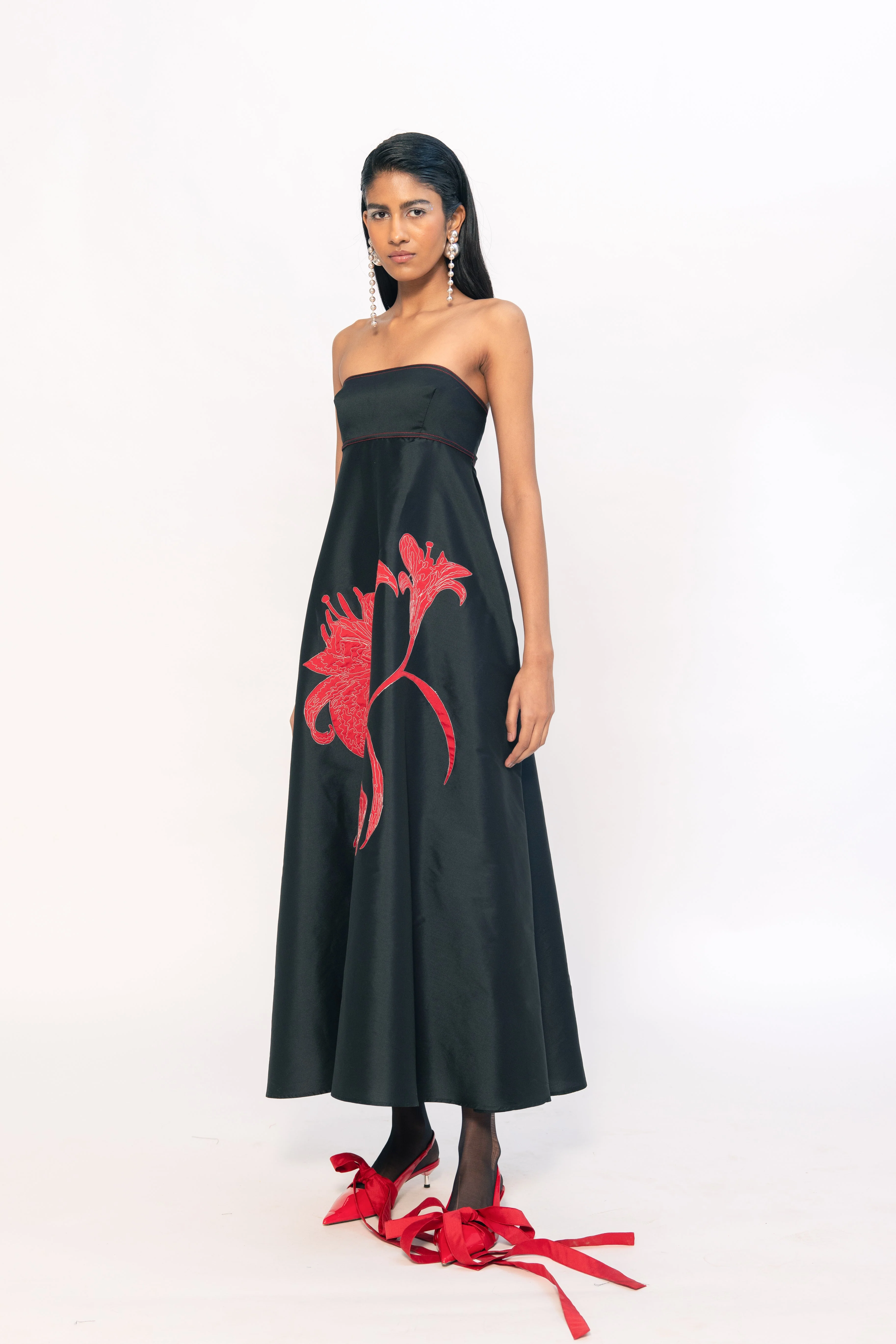Honey Comb Embroidered Dress - Red - Image 2